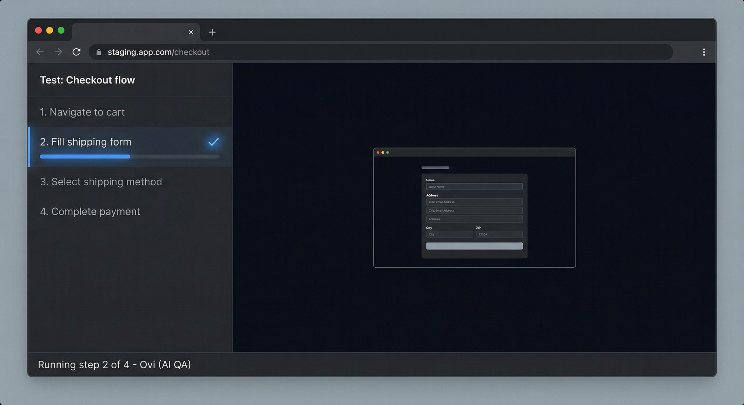 Ovi running tests in the browser with step-by-step execution