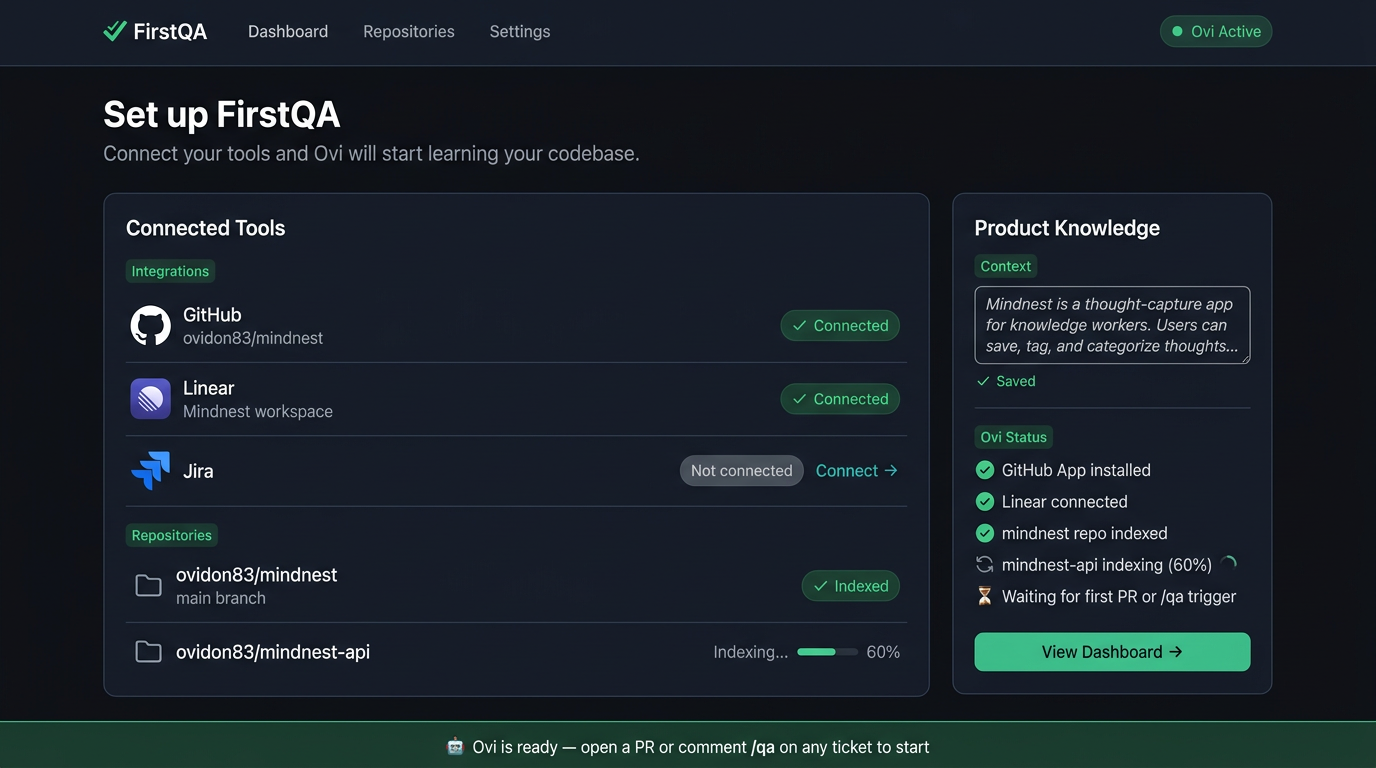 FirstQA setup flow for connecting product context and QA workflows