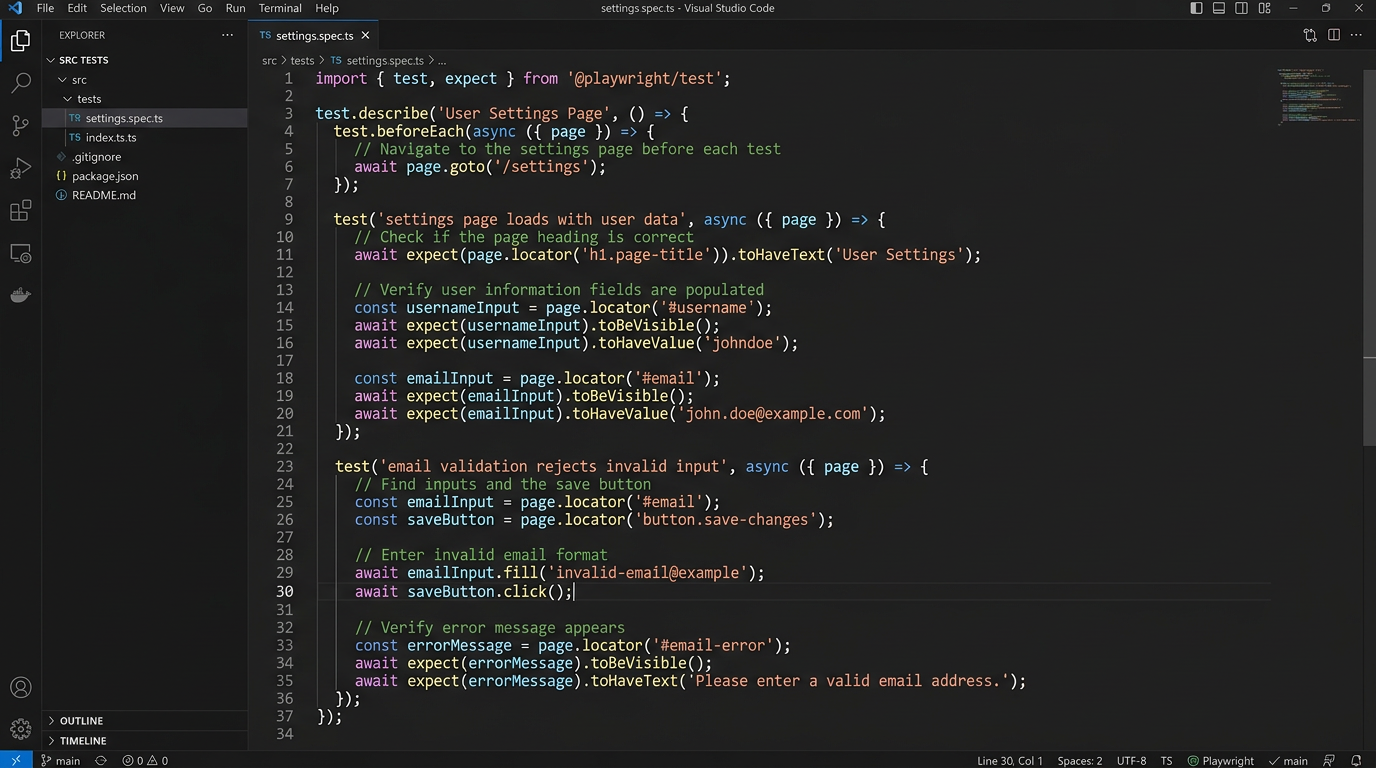 Playwright test spec file generated by Ovi AI with accurate selectors and test flows