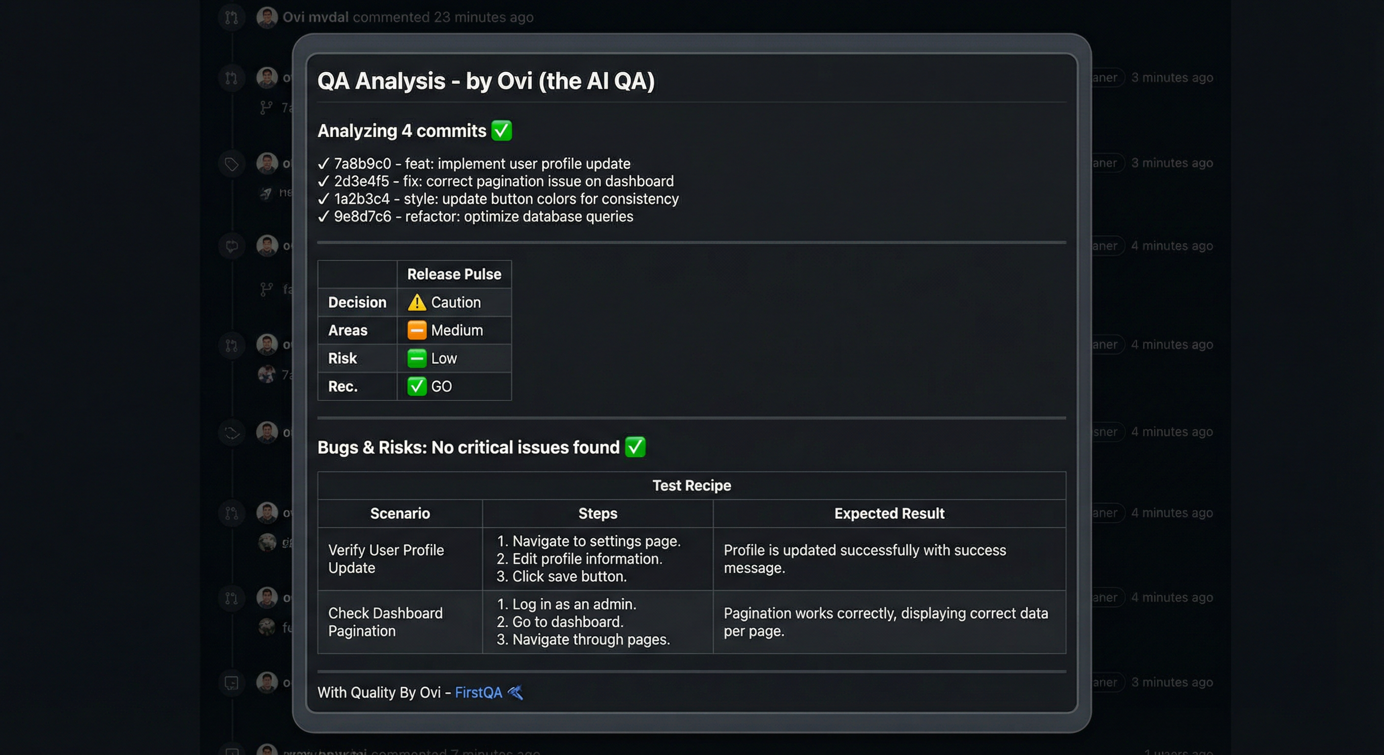 Ovi PR review comment on GitHub with risks and test cases