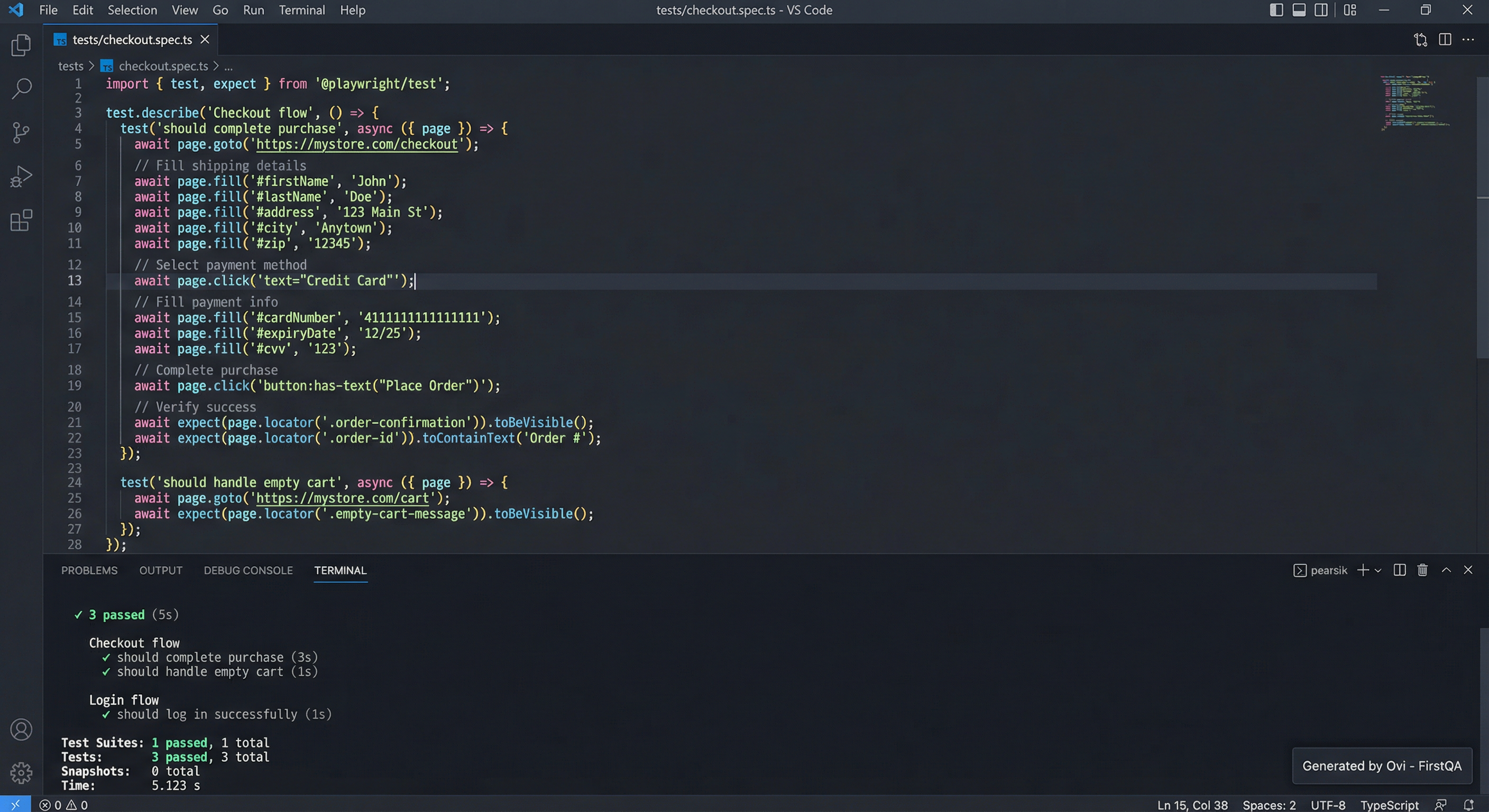 Playwright test code and run results